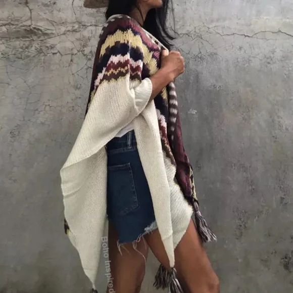 Ivory Aztec Tribal Pattern Knit Open Poncho Cardigan Tassel Knit Boho Sweater - Picture 4 of 5